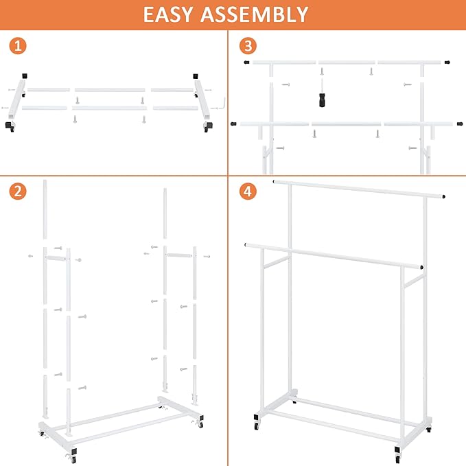 Calmootey Double Rod Clothing Garment Rack,Rolling Hanging Clothes Rack,Portable Clothes Organizer for Bedroom,Living Room,Clothing Store,White