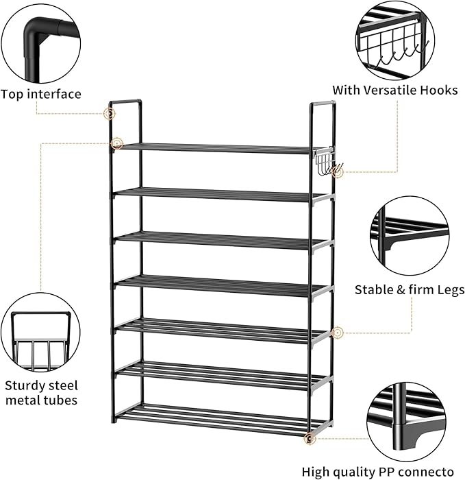 Metal Shoe Organizer,7 Tiers Shoe Storage Shoe Rack with Hooks,Fit 28-35 Pairs,Adjustable Shoe Shelf for Entryway,Hallway,Bedroom,Metal Bottom Support