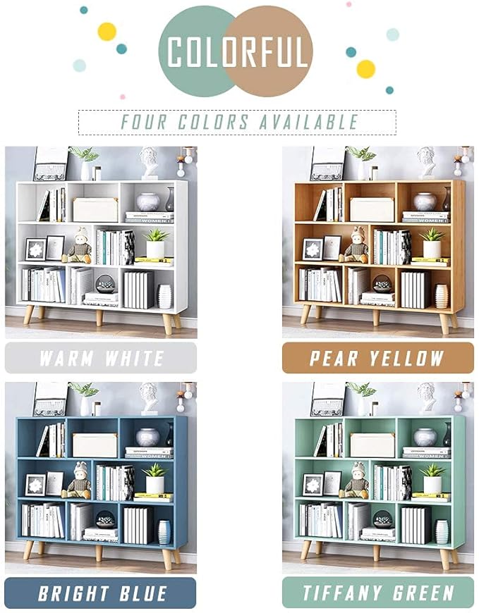 IOTXY Wooden Open Shelf Bookcase - 3-Tier Floor Standing Display Cabinet Rack with Legs, 8 Cubes Bookshelf, Tiffany-Green