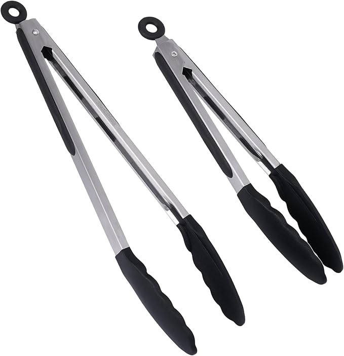 Silicone Kitchen Tongs for Cooking - 9+12 Inch Heat-Resistant Stainless Steel Cooking Tongs with Non-Slip Handle, Non-Scratch Tips for Grilling, BBQ, Salad & Air Fryer - 2-Piece Black Set