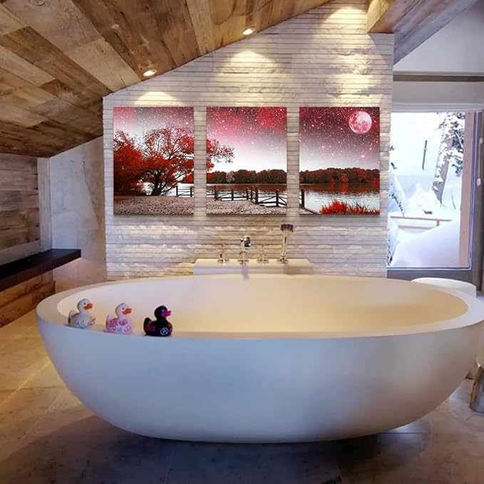 Wall Art Decor Poster Living Room Abstract Red Tree Moon Starry Sky Red Landscape Paintings Bathroom Wall Art Bedroom Canvas Prints Works 3 Pieces Picture Ready To Hang Office Home Decoration Artwork