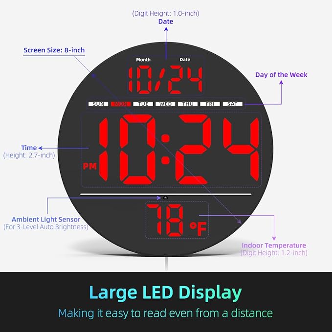 Digital Wall Clock with Large LED Display, Date, Temperature, Auto-Brightness | Small [PLUG-IN] Clock | Modern Electric Wall Clock for Bedroom, Classroom, Living Room, Home, Office, Farmhouse – Red
