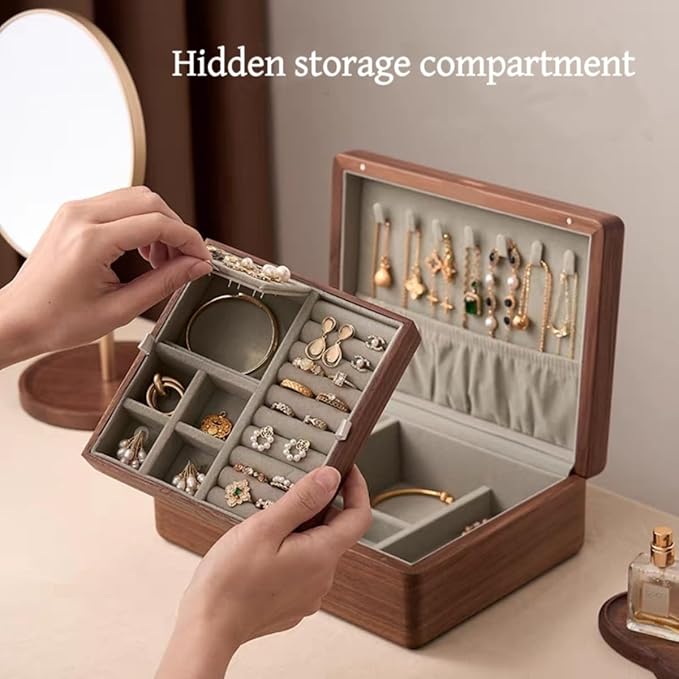 Bescott 2 Layer Solid Black Walnut Wooden Jewelry Box for Women Wood Vintage Organizer for Men Earrings Rings Necklaces Bracelet Watch Storage Mother's Day Gift