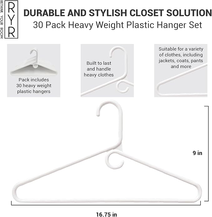 Clothes Hangers 30 Pack Plastic - Heavy Duty Space Saving Coat, Velvet Hangers, Pant Hangers for Closet Organization - Durable Non-Slip, White Wardrobe Essentials Bulk Storage