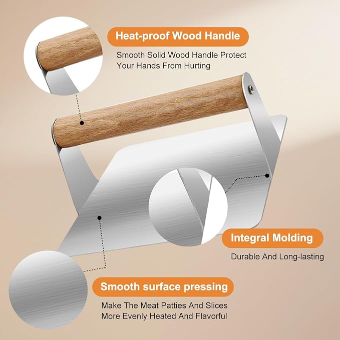Smash Burger Press,Wood Handle -Anti Scald Non Stick Smooth, Stainless Steel Non Stick Grill Press,Ideal for Flat Top Griddle,Cookouts,Cooking,BBQ - Rectangle Kitchen Tool（5.51X2.95 Inch）