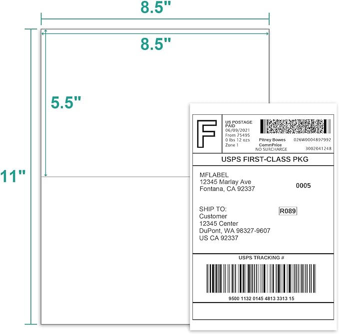 MFLABEL Half Sheet Shipping Labels - 200 Self Adhesive Sticker Sheets for Laser & Inkjet Printers, Waterproof & Smudge-Free, with 12 Free Fragile Labels for Packaging, Shipping and Crafting