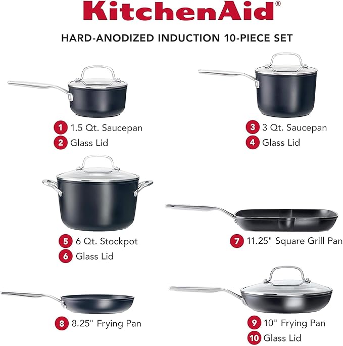 KitchenAid Hard Anodized Induction Nonstick Cookware Pots and Pans Set, 10 Piece, Matte Black