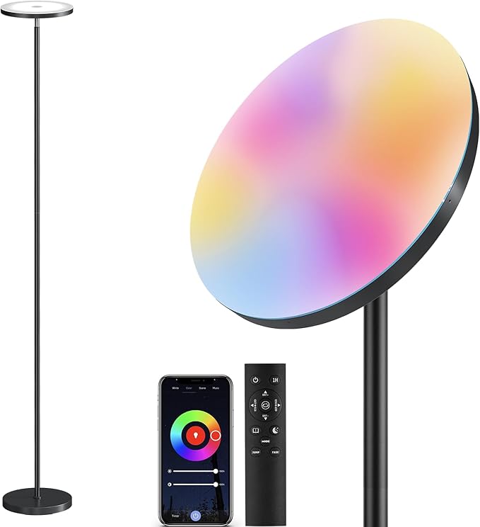 SUNMORY Smart RGB Floor Lamps for Living Room, 32W Bright LED Floor Lamp with APP and Remote Control, Tall Standing Lamp with Stepless Dimmable, Modern Torchiere Corner Lamp for Bedroom, Gaming Room