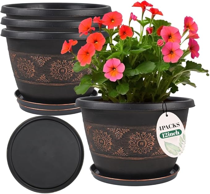 4 Pack 12 inch Plant Pots, Retro Pattern Planters with Drainage Holes and Saucer, Sturdy Plastic Garden Flower Pots for Indoor & Outdoor Plants