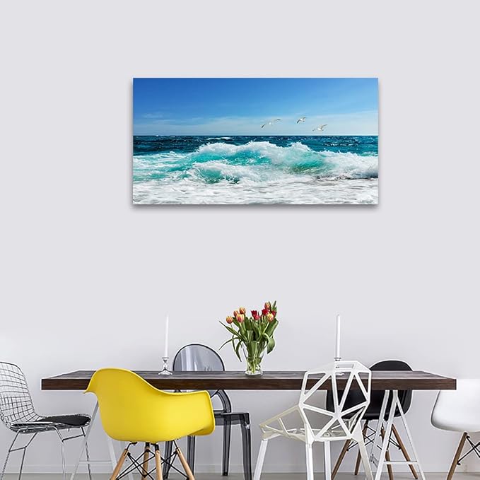 Ocean Waves Canvas Wall Art for Living Room Wall Decor Summer Beach Canvas Pictures Blue Surfing Water Birds on Sea Canvas Prints Artwork Office Home Wall Decorations Framed Ready to Hang 20" x 40"
