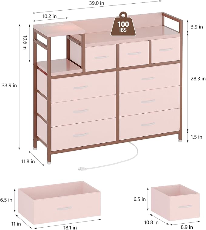 Jojoka TV Stand with Charging Station, Bedroom Dresser for Living Room TV Stand with 9 Drawers, Pink