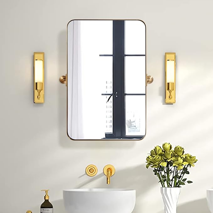 ANDY STAR 22"x34" Brushed Gold Pivot Mirror for Bathroom, Brass Metal Frame Bathroom Mirrors for Wall，Rectangle Titling Vanity Wall Mirror with Rounded Corner Design Hangs Vertically Only