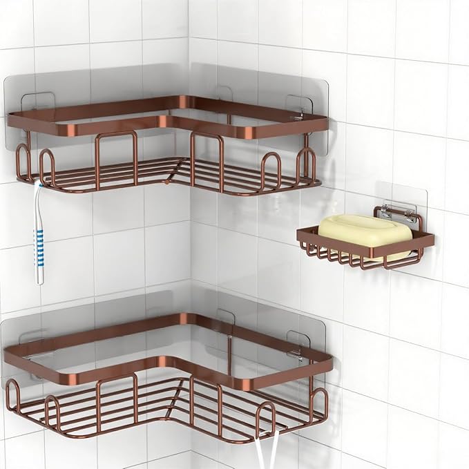 Moforoco Adhesive Corner Shower Caddy, 3 Pack Organizer with Soap Holder and 12 Hooks, Rustproof Shower Shelves for Bathroom, Brown
