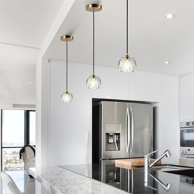 Modern Pendant Light, Brushed Brass Pendant Light Fixture for Kitchen Island, Small Cut Crystal Single Pendant Lighting for Dining Room Bathroom