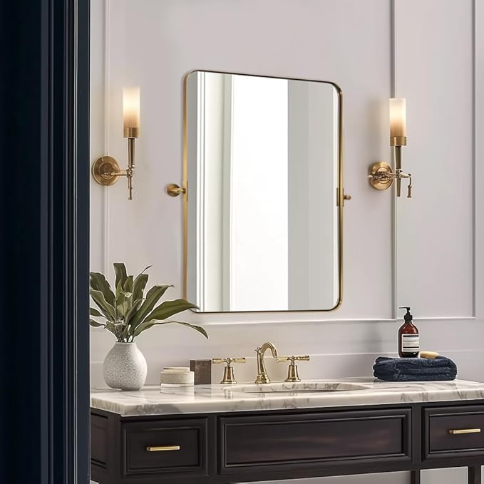ANDY STAR 20"x30" Brushed Gold Pivot Mirror for Bathroom, Brass Metal Frame Bathroom Mirrors for Wall，Rectangle Titling Vanity Wall Mirror with Rounded Corner Design Hangs Vertically Only