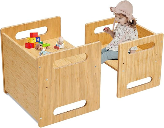 Montessori Table and Chair Set,Bamboo Wood Weaning Table and Chair Set,Adjustable Height Kids Montessori Furniture for Reading,Dining,Playing(Big Size)