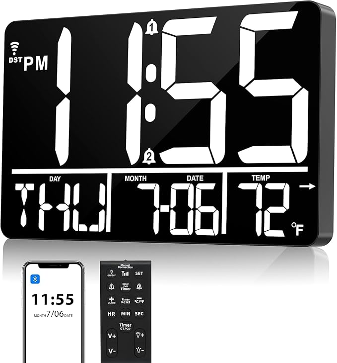 13" Bluetooth Auto Sync Wall Clock - Large Digital Alarm Clock with Remote, 25 Ringtones, Dual Alarm, Adjustable Brightness, 12/24H, Auto DST, for Living Room, Kitchen, Office, Elderly