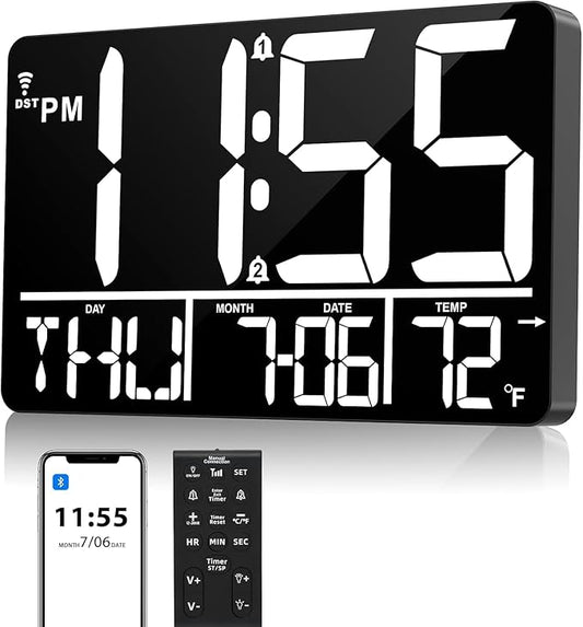 13" Bluetooth Auto Sync Wall Clock - Large Digital Alarm Clock with Remote, 25 Ringtones, Dual Alarm, Adjustable Brightness, 12/24H, Auto DST, for Living Room, Kitchen, Office, Elderly
