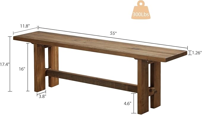 Reclaimed Solid Wood Bench, 55" Farmhouse Entryway Bench for Hallway, Kitchen, Dining, Bedroom, Narrow Indoor Bench with Rustic Charm