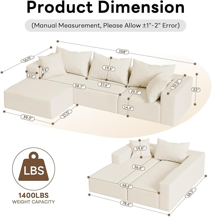 Vamcheer Modular Sectional Sofa - Modern L Shaped Boneless Couch with Deep Seat, Upholstered Sectional Couches for Living Room, Bedroom, Office, No Assembly Required, Cream