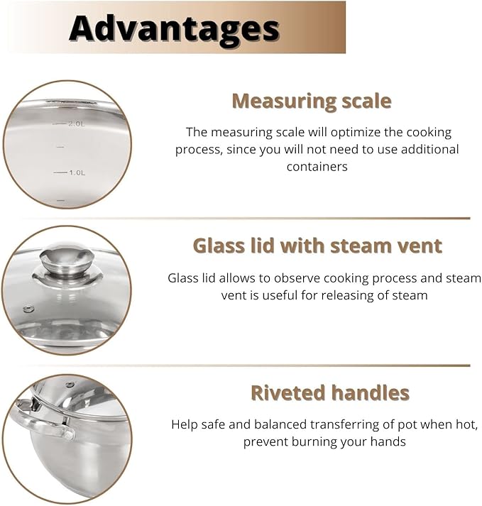 Daniks Classic Stainless Steel Stock Pot with Glass Lid – Induction 6 Quart, Dishwasher Safe, Measuring Scale, For Soup, Pasta, Stew, Silver