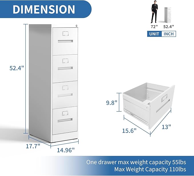 4 Drawer File Cabinet with Lock, Metal Filing Cabinets for Home Office, Vertical Narrow File Cabinet Lockable Steel Storage Cabinets for Letter/Legal/F4/A4 Size, Assembly Required(White)