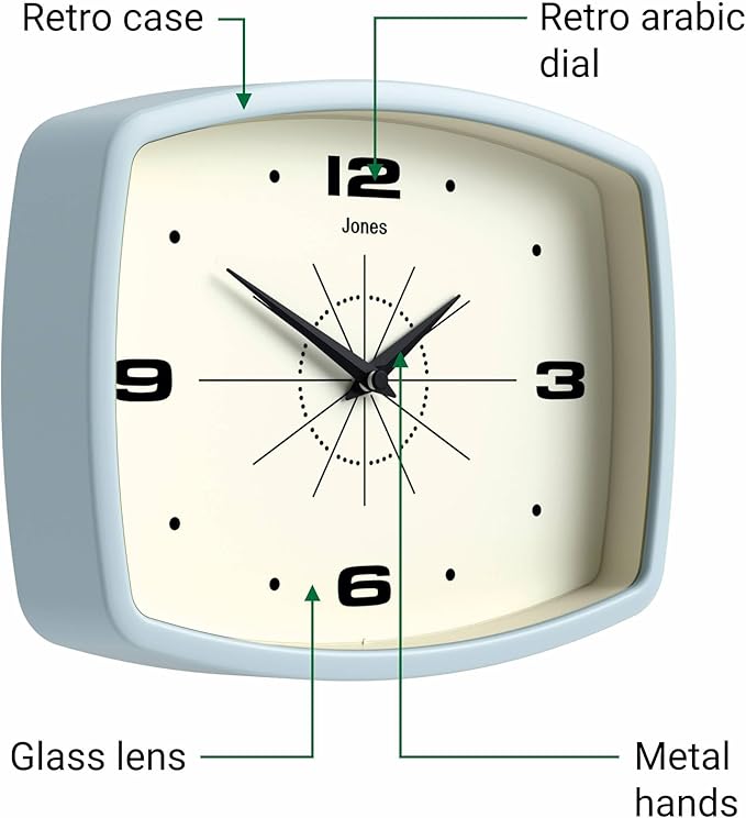 JONES CLOCKS® Movie Wall Clock | Rectangular Retro Clock | 10 inch | Pale Blue | Cool mid-Century Designer Look for Kitchen, Living Room or Office