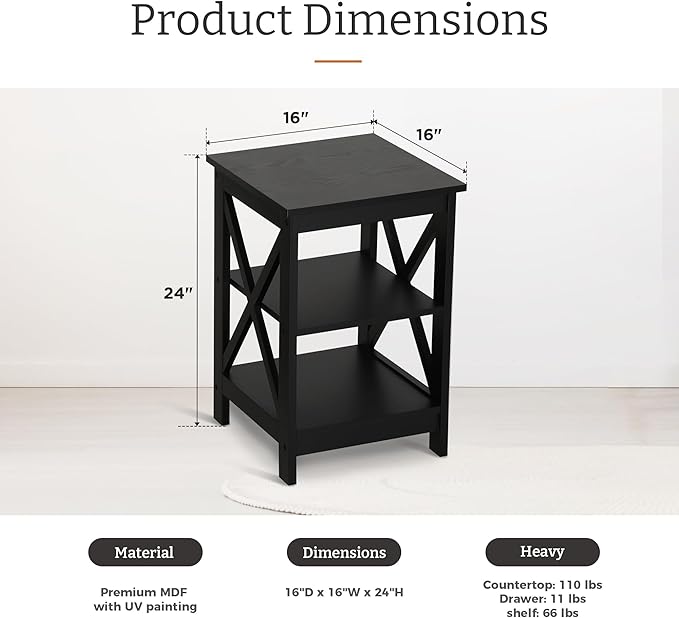 Side Tables, Small End Table Set of 2 for Living Room,Modern Nightstands for Bedroom,Wood Side Table,Black