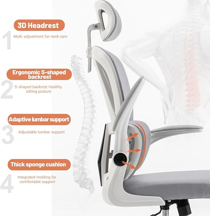 Ergonomic Office Chair Computer Desk Chairs with Flip-up Armrests and Lumbar Support, High Back Mesh Gaming Chairs Rolling Work Swivel Task Chairs with Adjustable Headrest