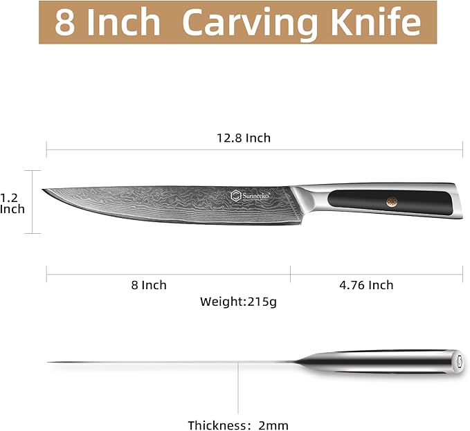 Sunnecko Damascus Kitchen Knife 8 Inch Carving Knife for Meat Slicing Knife Japanese VG10 Steel,Full Tang