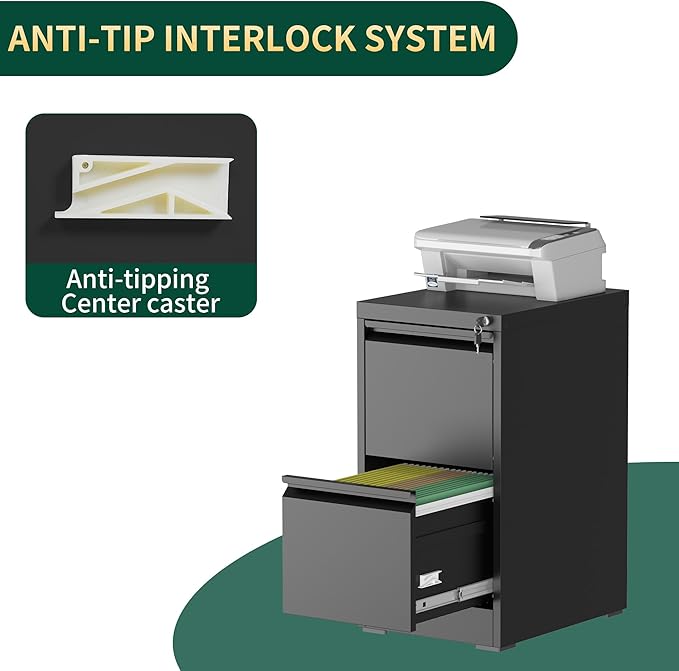 2 Drawer File Cabinet with Lock, Steel Vertical Filing Storage Cabinet for Home Office, Heavy-Duty File Cabinets for Letters/Legal/A4 (Require Assembly, Black)