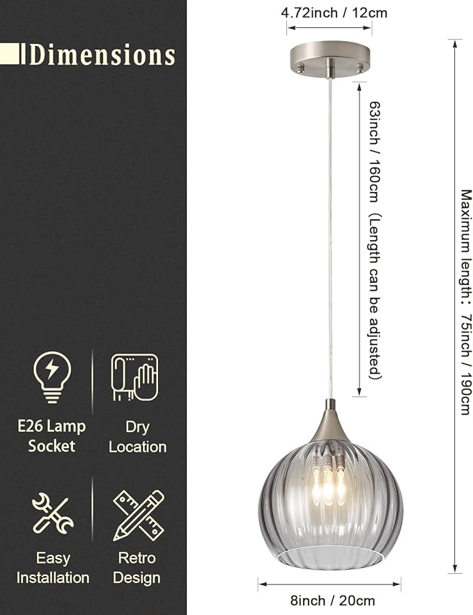 Brushed Nickel Pendant Lights Kitchen Island, Globe Pendant Light Fixtures with 8 Inch Clear Glass Shade, Modern Hanging Light Fixtures for Kitchen, Bedroom (2 Pack - Gray Glass Pendant Light)