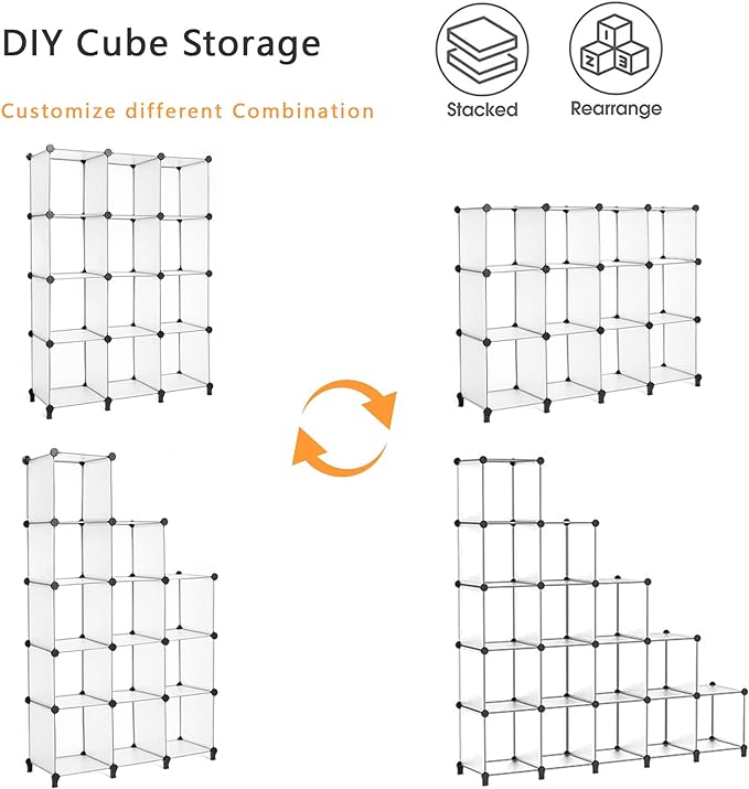 AWTATOS Cube Storage Organizer Storage 12 Cube Bookshelf DIY Plastic Closet Storage Shelves with Wooden Mallet, Ideal Storage Solution for Home, Bedroom, Translucent White