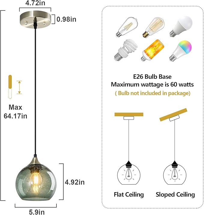 Gray Green Glass Pendant Lights Kitchen Island Lighting Globe Pendant Light Fixtures Modern Pendant Lighting for Kitchen Island Bedroom Living Dining Room Light Fixture(5.9in, 3-Pack)