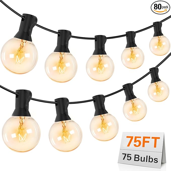 Outdoor String Lights 75Ft G40 UL Listed 80 Edison Bulbs (5 Spare) Globe String Lights Outside Lights Waterproof for Patio Balcony Porch Bistro Cafe Indoor Hanging Lights Christmas Party Decor