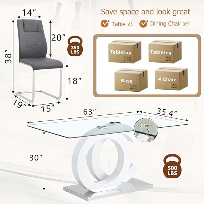 63'' Glass Dining Table Set for 4, Kitchen Table Chairs Set of 4, Clear Glass Dining Table with White unique design Leg and Silver Metal Base, 4 PU Dining Chairs with Metal Legs, Living Room, Kitchen.