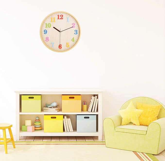 Topkey 12" Wooden Look Wall Clock Silent Non-Ticking 3D Numbers Colorful Decorative Round Clock for Living Room, Bedroom and Office Battery Not Included - Light Brown