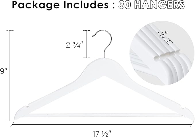 StorageWorks White Wooden Hangers, 30 Pack Wood Hanger for Closet, Coat Hangers for Coats, Shirts, Pants, Bridesmaid Suits, Wedding Dress