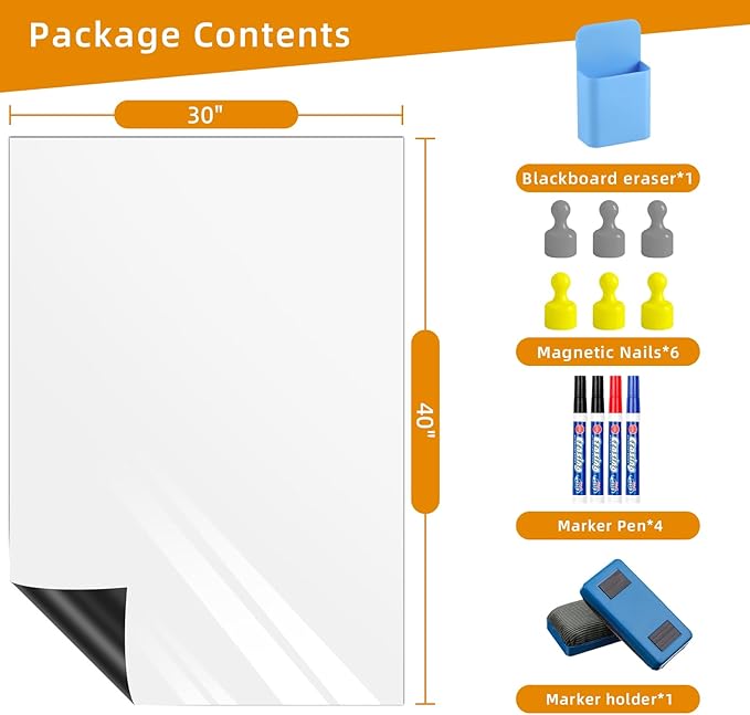 Magnetic Whiteboard Contact Paper, 30" x 40" Stick on Magnetic Dry Erase White Board Sticker on Wall, Easy to Write for Kids Drawing, School, Office, Kitchen Fridge