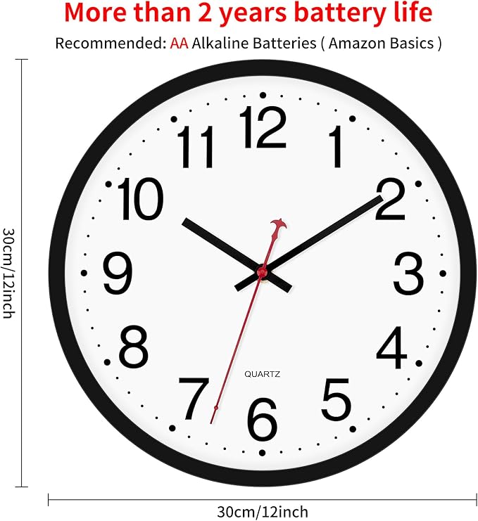 Foxtop 2 Pack Black Wall Clock, 12 Inch Silent Non Ticking Quartz Battery Operated Round Analog Wall Clock for Classroom School Office Living Room Bedroom Home