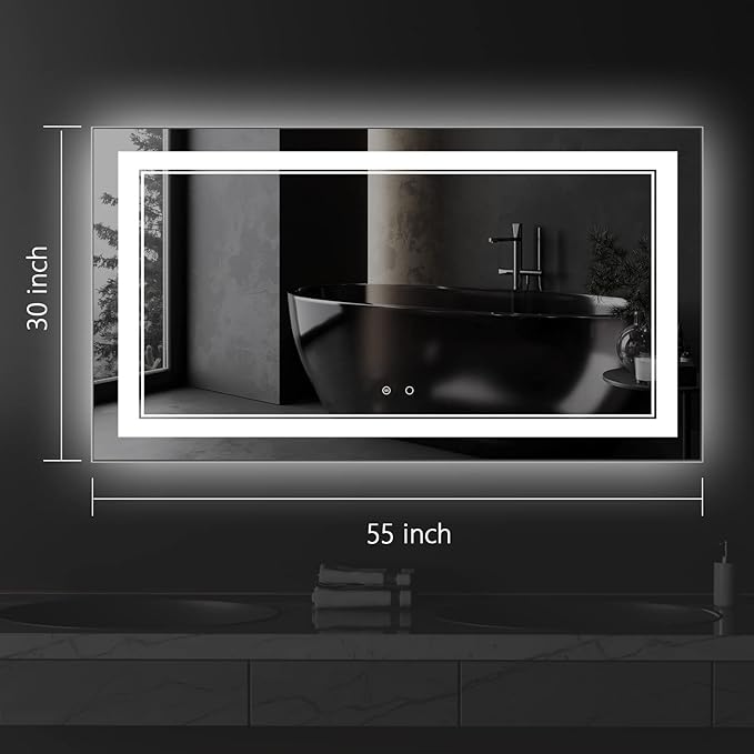 55" x 30" LED Bathroom Mirror Wall-Mounted Vanity Mirror with Anti Fog,Dimmable Waterproof Smart Touch Button Makeup Mirror with Lights Vertical & Horizontal