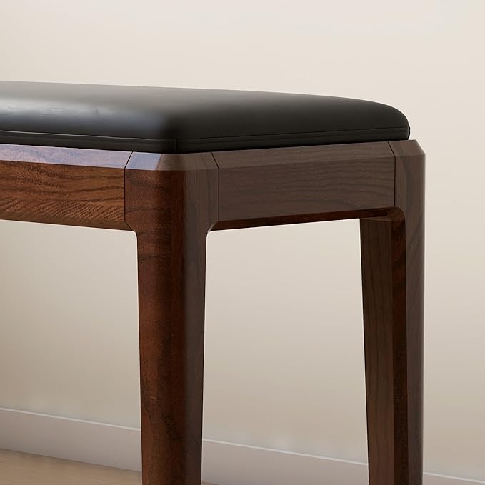 47.2'' Leather Upholstered Dining Bench with 100% Solid Oak Wood Bench Frame, 13.8'' Widened Padded Bed End Bench Ottoman for Kitchen Living Room Bedroom Entryway, Black