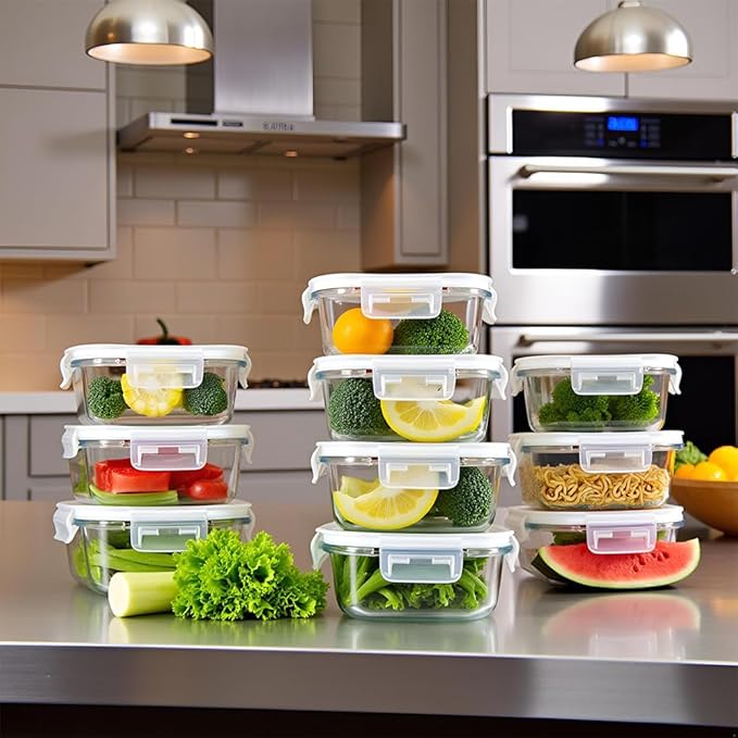 16PC Square Glass Storage Containers With Lids, 2 Cup Glass Food Containers With Lids, Square Meal Prep Bowls, Small Bowls For leftovers, Dishwasher, Freezer Safe (8 lids & 8 Containers)