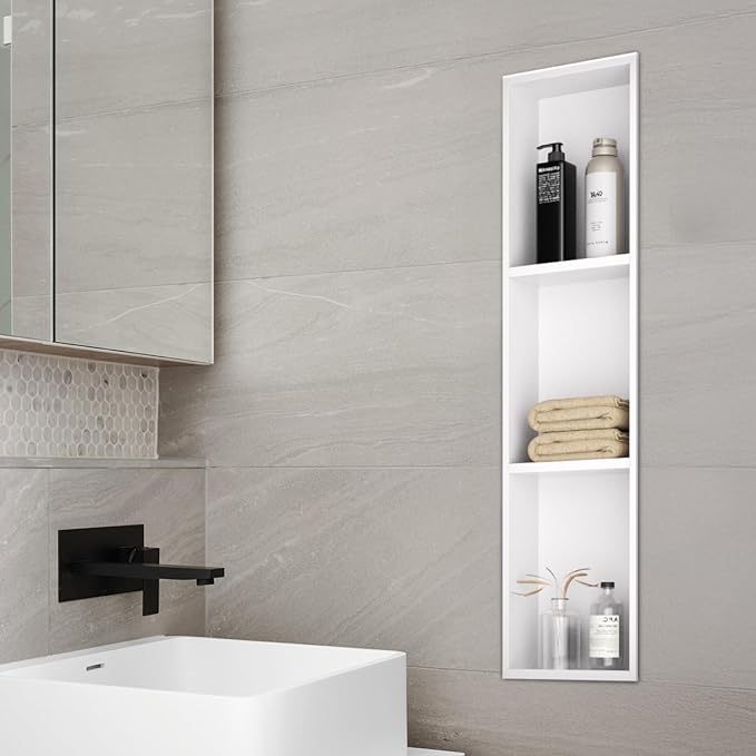 Stainless Steel Shower Niche 8" x 36", 3-Tier Shower Niches No Tile Needed, Recessed Niche for Shower Wall, Shower Niche Shelf for Bathroom Storage, White