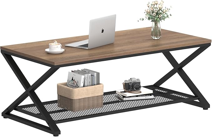 LVB Wood Coffee Table, Metal Wooden 2 Tier Center Tables with Storage, Industrial Cocktail Table with Shelf for Living Room, Farmhouse Rectangle Middle Table for Office Bedroom, 47 inch, Rustic Oak