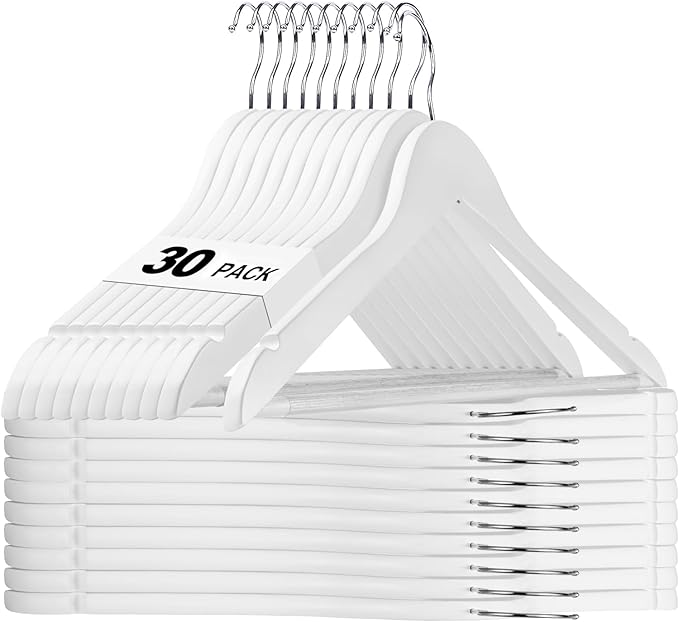 HOUSE DAY White Wooden Hangers 30 Pack, Solid Wood Hanger with Non Slip Pant Bar, Heavy Duty Wooden Coat Hanger for Closet, Smooth Finish Wood Clothes Hangers for Shirts, Suits Jackets, Dress