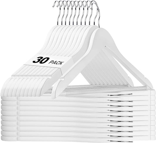 HOUSE DAY White Wooden Hangers 30 Pack, Solid Wood Hanger with Non Slip Pant Bar, Heavy Duty Wooden Coat Hanger for Closet, Smooth Finish Wood Clothes Hangers for Shirts, Suits Jackets, Dress