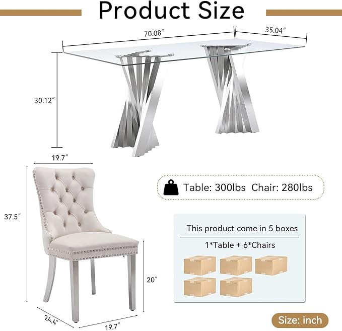 Goujxcy Modern 7 Piece Glass Dining Table Set Luxury Glass Kitchen Table and Chair Set for 6, 70" Large Rectangular Dining Room Table with 6 Tufted Chairs and Stainless Steel Legs (Silver & Beige)