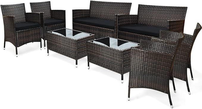 Tangkula 8 PCS Patio Rattan Conversation Set, Outdoor Wicker Furniture Set with Tempered Glass Coffee Table &Thick Cushion, Rattan Chair Wicker Set for Garden, Lawn, Poolside and Backyard (2, Black)