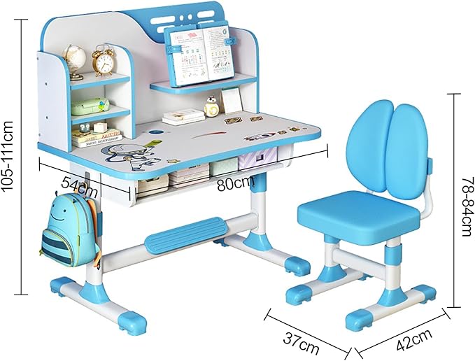 Kids Desk and Chair Set, Height Adjustable Kids Study Table and Chair Set, Children School Desk with Storage Drawer and Book Stand, Ergonomic Child Toddler Deskwith Sitting Posture Corrector (Blue 3)
